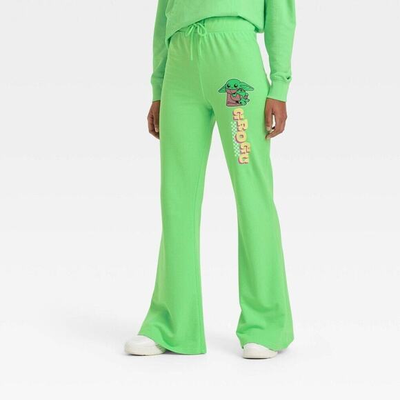 Star Wars St. Patrick's Day Baby Yoda Wide Leg Jogger Pants Bright Green XS - Picture 1 of 6